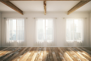 Sticker - Loft interior with windows, brown parquet and curtains