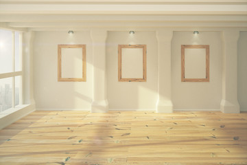 Wall Mural - Blank wooden picture frames in empty room with wooden floor, moc