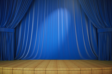 Wall Mural - wooden stage with blue curtains and spotlight, 3d render