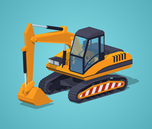 Yellow Excavator Against The Blue Background. 3D Lowpoly Isometric Vector Illustration