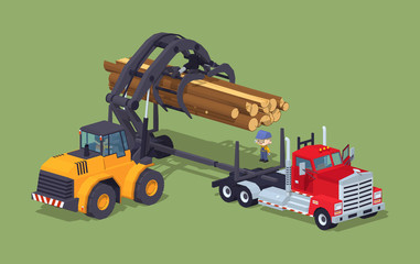 Wall Mural - Logs loading on truck. 3D lowpoly isometric vector concept illustration