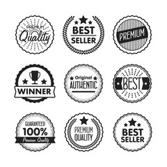 Wall Mural - Collection of Premium Quality, Guarantee Labels, Best Seller and Winner icon with retro vintage styled design. Outline symbol collection. Stroke vector logo concept for web graphics. 