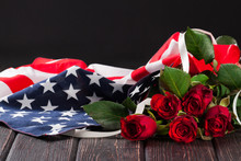 Rose And American Flag On Wood