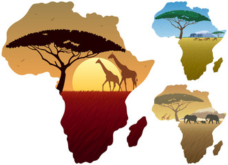 Africa Map Landscapes / Three African landscapes in map of Africa.