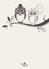 Wall Mural - Template card with owls on a tree branch. Greeting card.