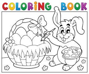 Wall Mural - Coloring book bunny painting eggs