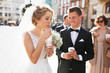 young luxury gorgeous happy bride and groom on the background of