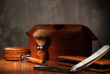 Shaving Accessories On A Luxury Wooden Background.
