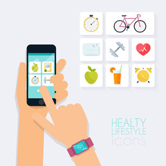 Fototapete - Fitness app concept on touchscreen. Mobile phone and tracker on