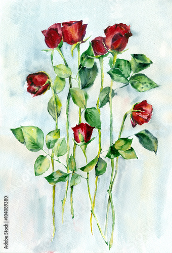 Naklejka na meble Watercolor painting. Red roses with green leaves on a long stems.