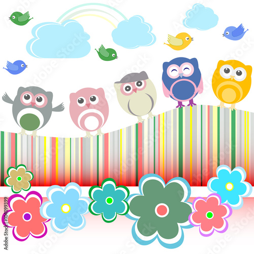 Fototapeta na wymiar owls, birds and flowers - holiday card vector background