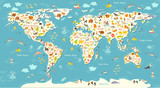 Fototapeta Mapy - Animals world map. Beautiful cheerful colorful vector illustration for children and kids. With the inscription of the oceans and continents. Preschool, baby, continents, oceans, drawn, Earth