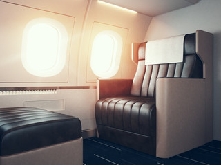 Wall Mural - Interior of luxury airplane. Empty leather chair, sunlight illuminator. Horizontal mockup. 3d render