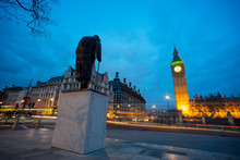 Big Ben And Statue Of Sir Winston Churchill, London, England