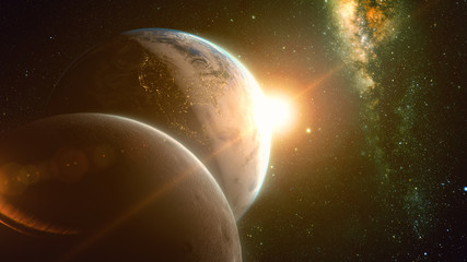 spectacular sunrise view over planet earth and moon with milkyway in background.