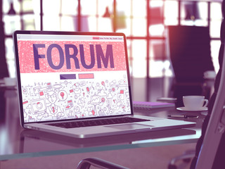 Poster - Forum Concept - Closeup on Landing Page of Laptop Screen in Modern Office Workplace. Toned Image with Selective Focus. 3D Render.