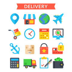 Poster - Delivery icons set. Shipping, delivery, logistics, warehouse, goods tracking. Flat vector icons set