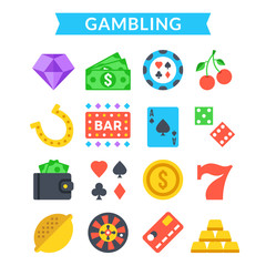 Poster - Gambling icons set. Gambling, gaming, card game, casino, roulette, slot machine. Flat vector icons set