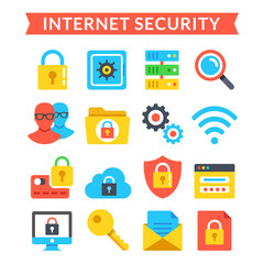 Poster - Internet security icons set. Online protection, system privacy, antivirus. Flat vector icons set