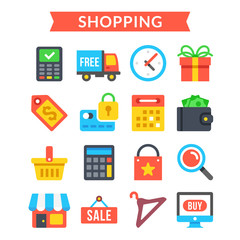 Poster - shopping icons set. shopping, online commerce, retail, ecommerce, internet marketing. flat vector ic