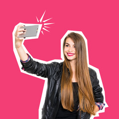 millennial teenage girl smiling taking a selfie on smartphone