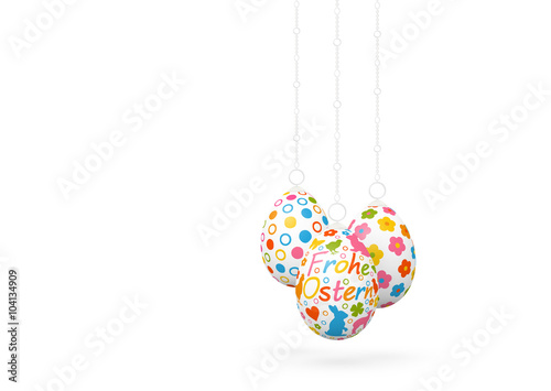 Frohe Ostern - Drei hängende, verzierte, dekorative Ostereier isoliert