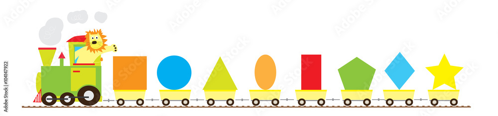 Basic geometric shapes train with smiling lion/ educational vector illustration for children