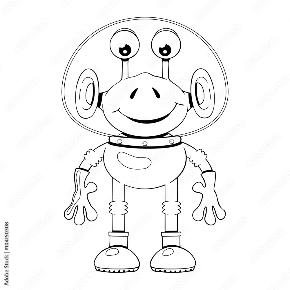 Black and white illustration of funny cartoon alien in spacesuit on white background