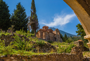 Byzantine church in medieval city of Mystras, Greece, Europe