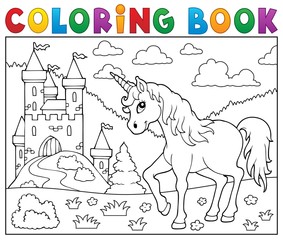 Wall Mural - Coloring book unicorn near castle