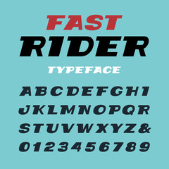 Poster - Wide italic font. Vector alphabet with latin letters and numbers