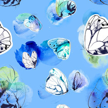 Beautiful Seamless Pattern With Butterflies On Blue. Ink And Watercolor On Wet Paper. Hand Drawn Illustration.