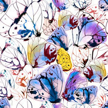 Beautiful Seamless Pattern With Butterflies. Ink And Watercolor On Wet Paper. Hand Drawn Illustration.