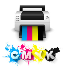 Wall Mural - cmyk print concept with printer and 3d letters