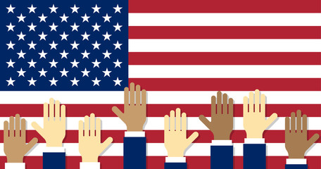 Wall Mural - Vote. Raised hands on the background of the USA flag
