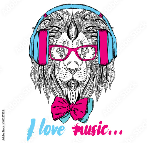 Plakat na zamówienie Hipster lew w słuchawkach