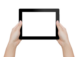 Poster - woman hand holding digital tablet isolated clipping patch inside