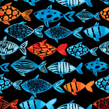Light Watercolor Blue And Gold Fishes On The Black Background.
