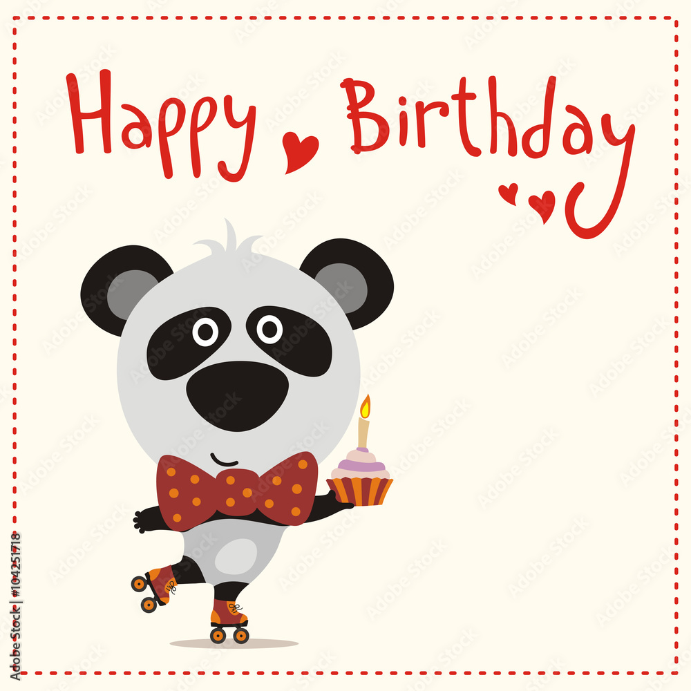 cute panda bear with birthday cake, handwritten text, happy birthday card 
