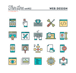 web design, coding, responsive, app development and more, thin line color icons set, vector illustra