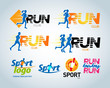 Sport running club vector labels and emblems, logotypes, badges. Apparel, t-shirt design concepts. Athletic silhouette training, athlete run illustration. Isolated vector illustration.