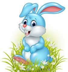 Wall Mural - Cartoon rabbit on grass background