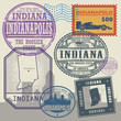 Stamp set with the name and map of Indiana, United States
