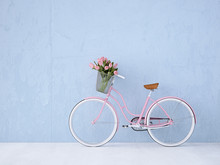 Retro Vintage Bicycle Old And Blue Wall. 3d Rendering