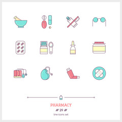 Color line icon set of pharmacy objects and products. Pharmacy L