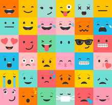 Set Of Colorful Emoticons, Emoji Flat Backgound Pattern