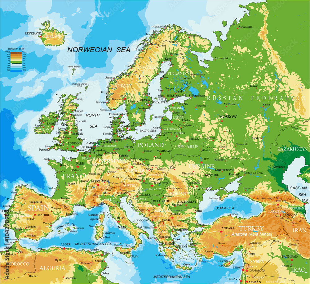 Europe - physical map - obrazy, fototapety, plakaty 