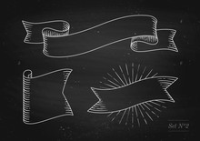 Set Of Old Vintage Ribbon Banners In Engraving Style On A Black Chalkboard Background And Texture. Hand Drawn Design Element. Vector Illustration.