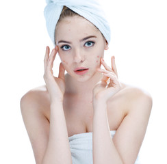 Teenager checking her face for pimple. Woman skin care concept / photos of ugly problem skin girl on white background