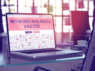 Poster - Modern Workplace with Laptop Showing Landing Page in Doodle Design Style with Text Keywords Research and Analysis. Toned Image with Selective Focus. 3D Render.